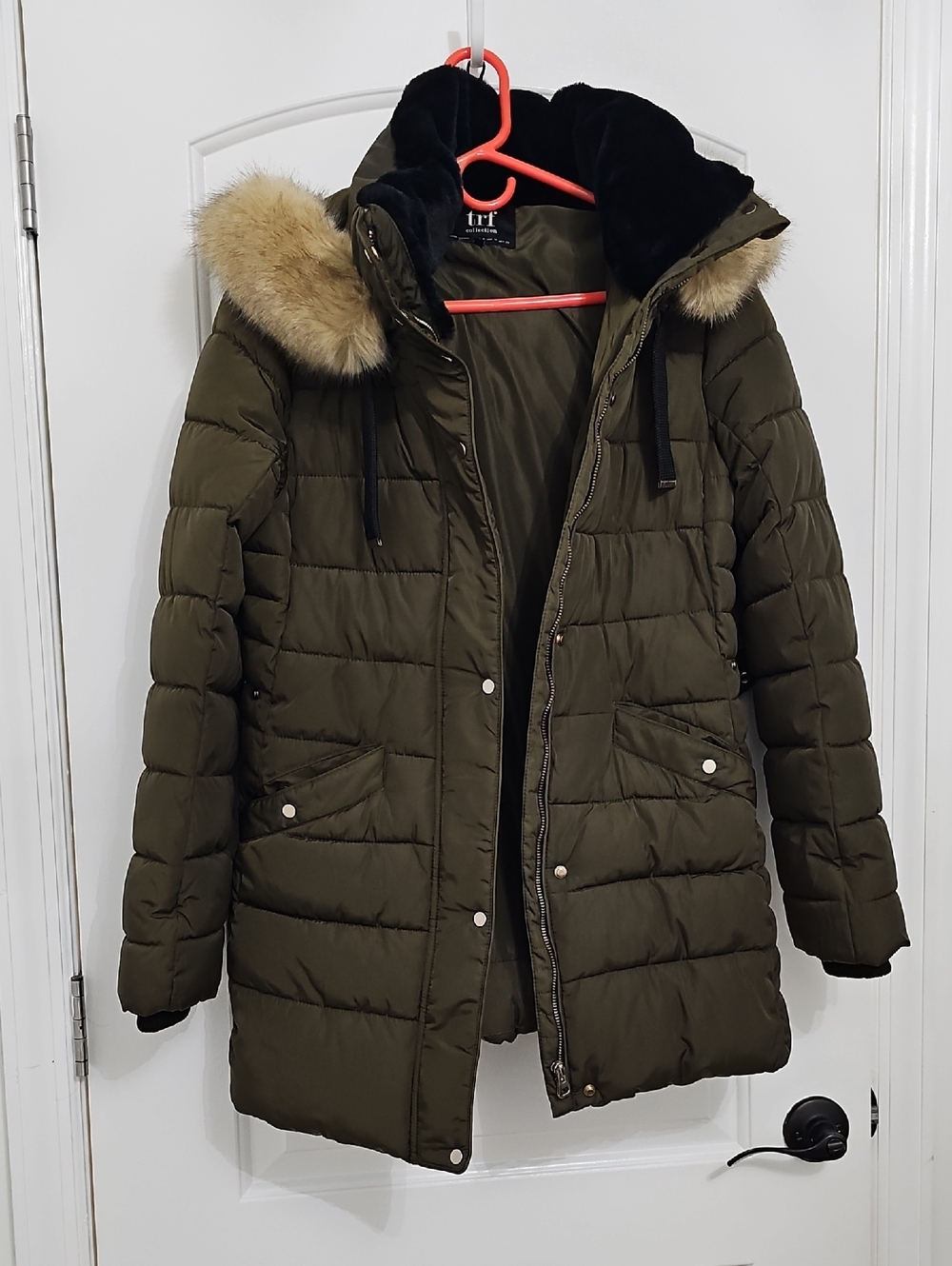Zara Olive Green Quilted Jacket with Faux Fur Trim